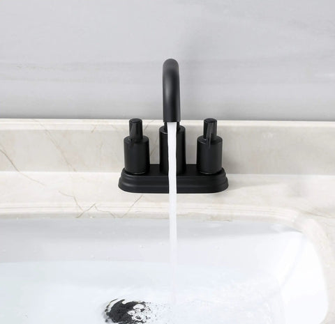 Matte Black Two Handle Bathroom Faucet With Push Up Pop Up Drain Sleek 4 Inch Centerset Lavatory Faucet Lead Free Certified By cUPC NSF Solid Brass Waterway Stainless 304 Drip Free Easy 3 Hole 4 Inch Install