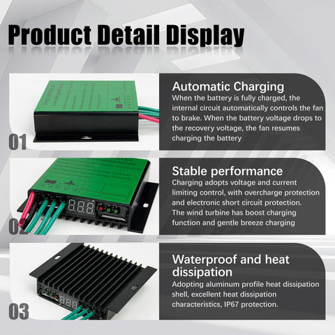 MPPT Wind Turbine Charger Controller 12V 24V 500W Auto Match IP67 Waterproof Wind Generator Controller for Wind Power System Style B With Display Off Grid Ready product detail display showing features
