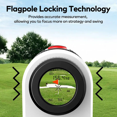 Golf Rangefinder With Slope And Magnetic Mount 1200 To 1500 Yard Range Finder 7x Magnification Flag Lock Vibration shown in use
