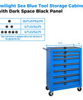 Rock Solid Rolling Tool Chest With Seven Smooth Ball Bearing Drawers And Heavy Duty Swivel Casters Built To Handle The Everyday Grind For Zero Sweat Garage Organization In Deep Blue with dark panel and dimensions.