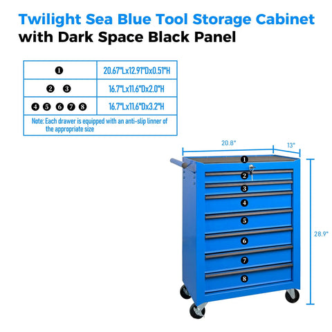 Rock Solid Rolling Tool Chest With Seven Smooth Ball Bearing Drawers And Heavy Duty Swivel Casters Built To Handle The Everyday Grind For Zero Sweat Garage Organization In Deep Blue with dark panel and dimensions.