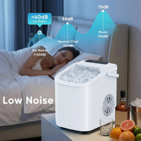 Countertop Ice Maker With Handle, Fast 6 To 8 Minute Bullet Ice Cubes, Produces 26 Lbs Per Day beside a sleeping person