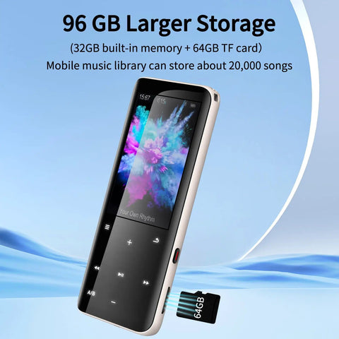 96GB MP3 Player With Bluetooth Five Point Two On The Go Portable Music Player, showing display and 64GB TF card slot