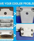 Comparison of broken cooler latch and hinges with new Igloo Cooler Hinge And Latch Replacement Kit For 25 To 165 Quart Coolers.