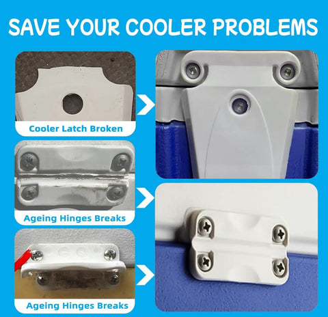 Comparison of broken cooler latch and hinges with new Igloo Cooler Hinge And Latch Replacement Kit For 25 To 165 Quart Coolers.