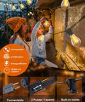 Mother and child installing Outdoor LED String Lights 100 Ft Waterproof with 52 Dimmable Edison Bulbs Shatterproof Design.