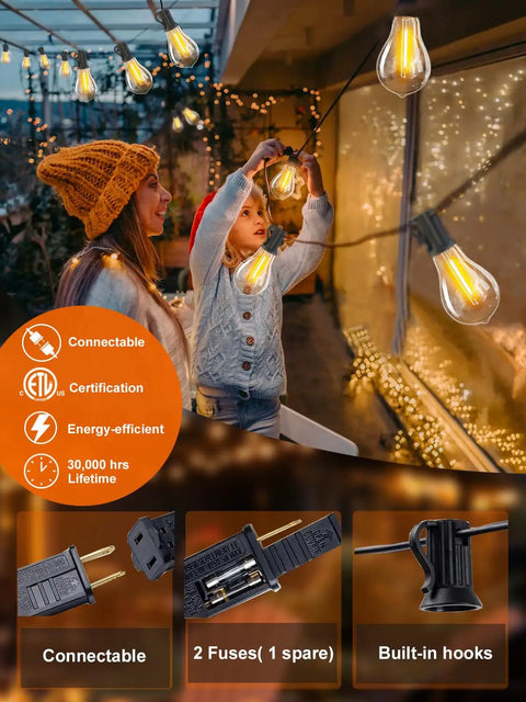 Mother and child installing Outdoor LED String Lights 100 Ft Waterproof with 52 Dimmable Edison Bulbs Shatterproof Design.