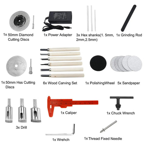 Mini CNC Lathe Tool Set for DIY Wood Lathe including discs, adapters, carving set, and accessories for polishing and grinding.