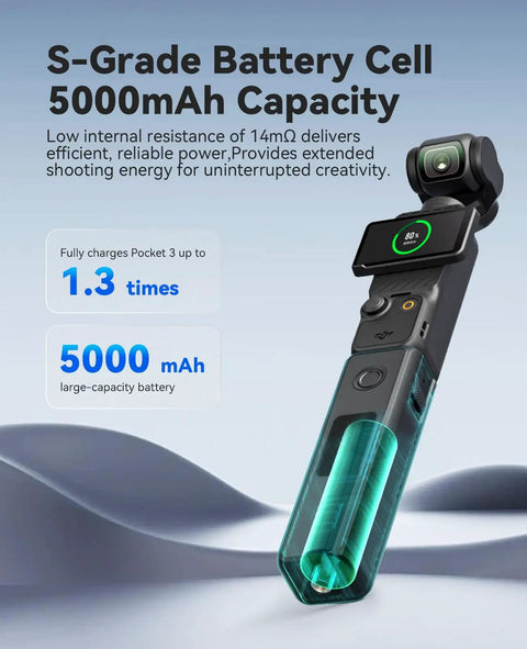 Image of Pocket 4 By 3 Battery Grip With 20W Fast Charging For DJI Pocket 3 Xtra Muse showing 5000mAh capacity and power display.
