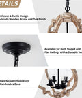 Dope Four Light Farmhouse Wood Chandelier with Rustic Orb Pendant Lighting Fixture details, oak finish, E12 sockets