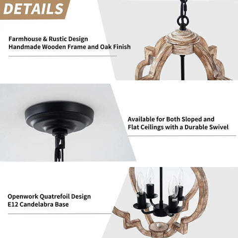 Dope Four Light Farmhouse Wood Chandelier with Rustic Orb Pendant Lighting Fixture details, oak finish, E12 sockets