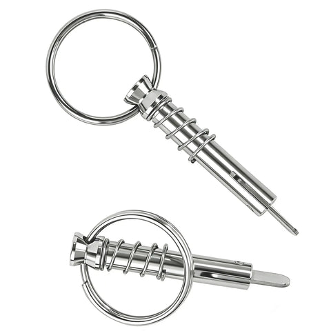 Marine Quick Release Pins One Quarter Inch Diameter With Drop Cam And Spring, 316 Stainless Steel, pack of four shown.