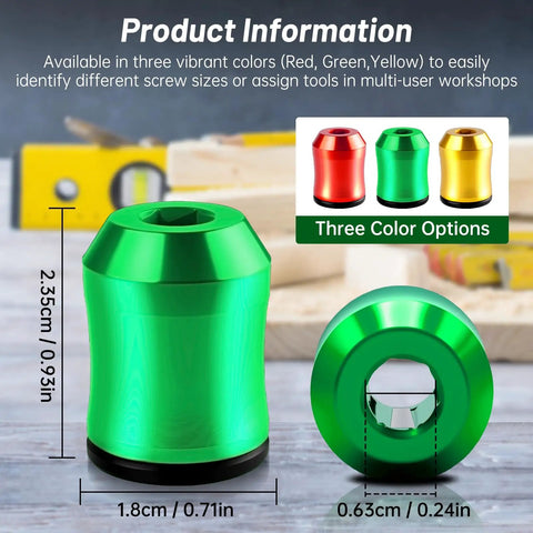 3 Pack Magnetic Screw Holder Ring For Drill Bits And Hex Drivers in red, green, yellow, with size specifications shown
