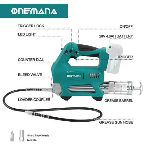 Cordless Grease Gun 10,000 PSI High Flow Electric Lubrication Tool, 20V Battery, 40 Inch Hose, 6 Speed Trigger, Pro Grade Power Grease Gun for Fast Lubrication, Tool Only displayed with labeled parts.