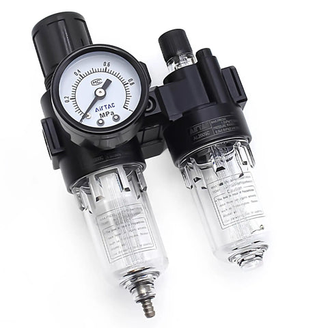 Pro Grade Compressed Air 3 In 1 Filter Regulator Lubricator With Gauge Auto And Semi Auto Drain 1/4 Inch NPT 40 Micron Filtration
