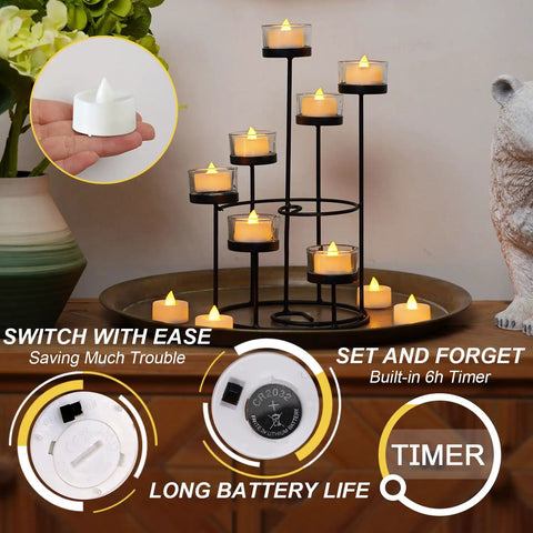 Flameless Tea Lights With 6 Hour Timer 24 Hour Auto Cycle Battery Operated LED Candles Pack Of 12 in black stand