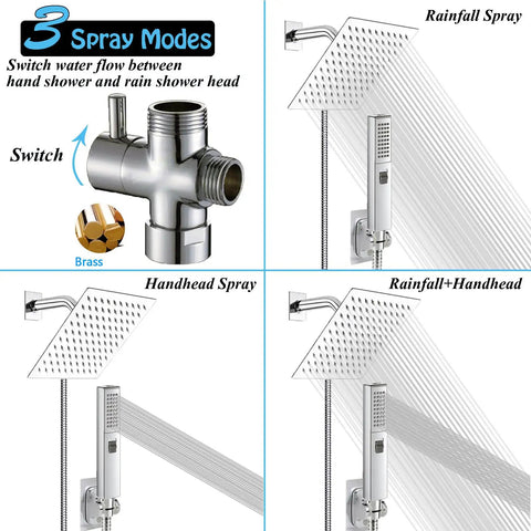 Dual Shower Heads With Handheld Spray Combo, showing 3 spray modes and 6 Inch Square Rain Shower Head with 78 Inch Hose