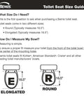 Toilet seat size guide with measurements for elongated and round bowls, illustrating 18.5 and 16.5 inches respectively.