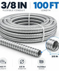 Heavy Duty Encased Galvanized Steel Flexible Electrical Conduit Three Eighth Inch Size Of 100 Feet coil showing flexible design and diameter.