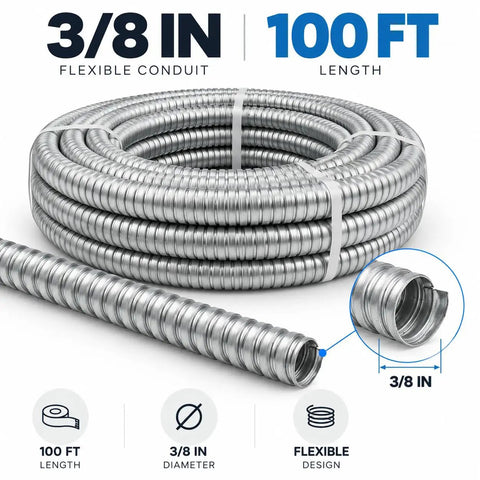 Heavy Duty Encased Galvanized Steel Flexible Electrical Conduit Three Eighth Inch Size Of 100 Feet coil showing flexible design and diameter.