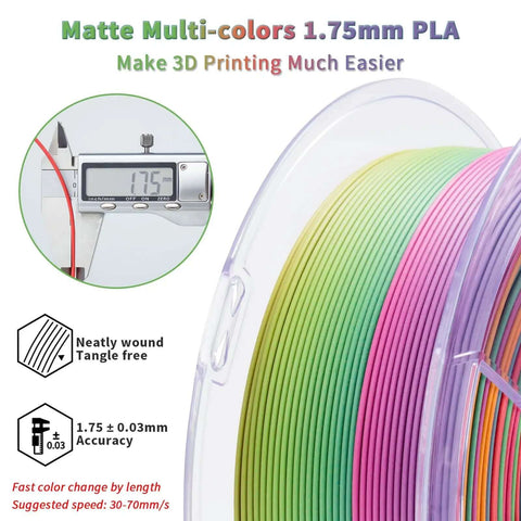 Close-up of Rainbow Blaze Matte Color Changing PLA Filament for 3D Printing, 1.75mm diameter, multi-color spool, accuracy ±0.03mm.