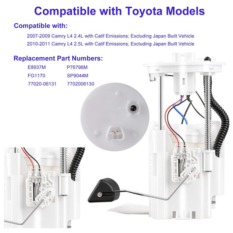 Electric Fuel Pump Module Assembly With Sending Unit For Toyota Camry 2007-2011, showing multiple views of the pump components.