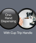 Commercial Coffee Urn And Hot Beverage Dispenser For 60 Cup Capacity Polished Stainless Steel Exterior One Hand Dispensing With Cup Trip Handle Keeps Beverages Warm With Built In Keep Warm Heater showing one-hand dispensing feature.