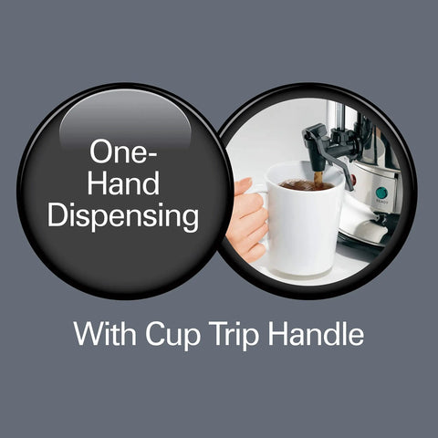 Commercial Coffee Urn And Hot Beverage Dispenser For 60 Cup Capacity Polished Stainless Steel Exterior One Hand Dispensing With Cup Trip Handle Keeps Beverages Warm With Built In Keep Warm Heater showing one-hand dispensing feature.
