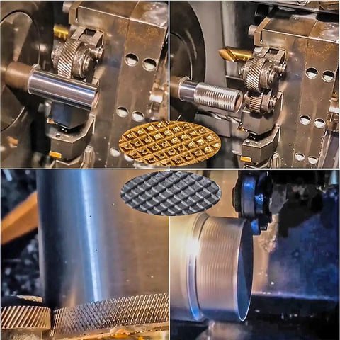 Machining process using 7pc High Strength Double Wheel Lathe Knurling Tools Set With Diagonal Knurling Wheels And Three Pitch Options 0.5mm 1.0mm 2.0mm