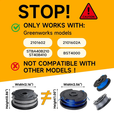 8 Pack Weed Wacker String For Greenworks Trimmer Auto Feed Dual Line Zero Point Zero Six Five Inch 18 Feet Replacement Spool With Cap Covers Easy Install Compatible With Most Auto Feed Models compatibility chart
