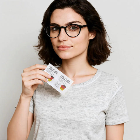 Front view of woman wearing black glasses holding two Giaceaw lens wipes packets for eyeglasses.