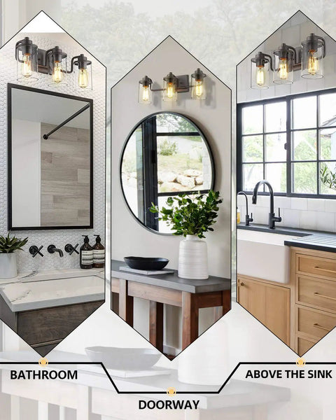 Three Light Farmhouse Vanity Light Fixture For Bathroom Wall Mount In Oil Rubbed Bronze With Clear Glass Shades above sink
