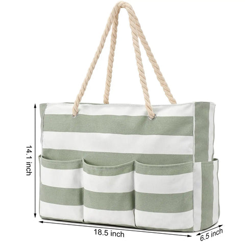 Ultra Large Canvas Beach Tote For Women, Zippered, Waterproof And Sandproof, Foldable Swim Pool Bag With Seven Pockets