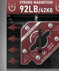 Switchable Welding Magnet With 92 Lb Holding Power, Arrow Shaped Magnetic Holder showing on-off switch and angle details.