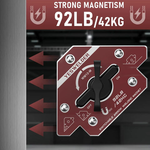 Switchable Welding Magnet With 92 Lb Holding Power, Arrow Shaped Magnetic Holder showing on-off switch and angle details.