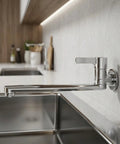 Wall Mounted Extended Kitchen Faucet Cold Only Rotatable Spout 304 Stainless Steel Single Lever for Mop Pool Utility Sink Silver(25cm) installed above sink.