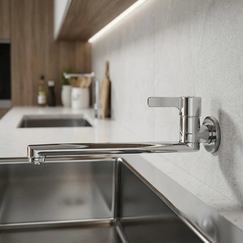 Wall Mounted Extended Kitchen Faucet Cold Only Rotatable Spout 304 Stainless Steel Single Lever for Mop Pool Utility Sink Silver(25cm) installed above sink.