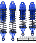 All Metal Shocks Set 1/10 Scale RC Cars Blue 4 Pack Oil Type Unoiled for Adjustable Damping Compatible With Traxxas Slash 4x4 Rustler VXL Hoss Stampede Bandit Nitro Upgrades, showing four blue anodized aluminum shocks with mounting hardware displayed below.