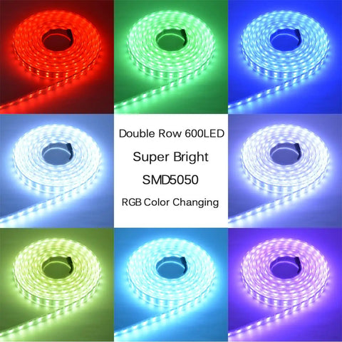 Color-changing display of RGB LED strips in red, green, blue, and white from Five 5M RGB LED Strips Kit With IP67 Waterproof Silicone Sleeve, SMD5050 Double Row 120 LEDs Per Meter, 600 LEDs Per 5M, 16 Feet Each, Color Changing Offroad Decorative Lights.