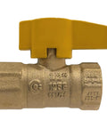 Brass gas ball valve with yellow handle, 1/2-in IPS, 1/4-turn for propane or natural gas.