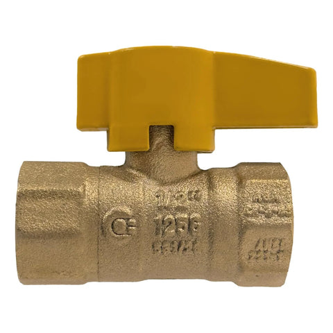 Brass gas ball valve with yellow handle, 1/2-in IPS, 1/4-turn for propane or natural gas.