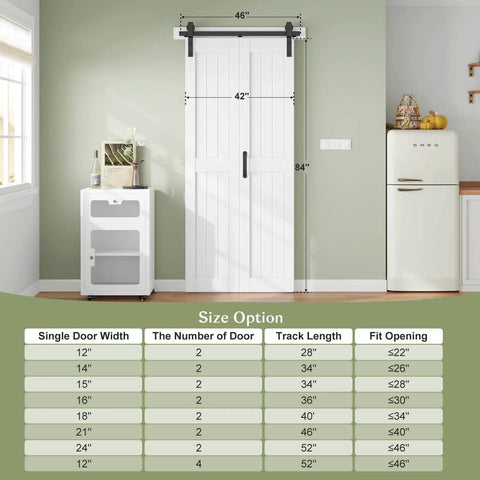 Double Bi Fold Barn Doors 42 By 84 Inches White With Hardware Track Kit Included, installed in a kitchen setting.
