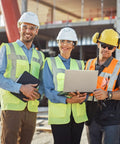 Three construction workers wearing ANSI Z87.1 safety glasses and hard hats on a building site, one holding a laptop.