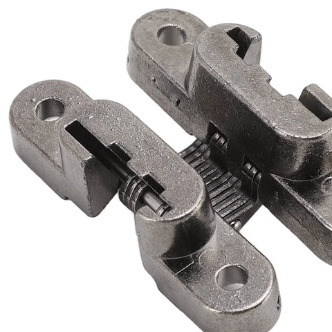 Close-up of zinc alloy cross hinge, part of Hidden Cabinet Hinges Set 3 Pack 43mm Concealed Hinges For Corner Cabinets With 180 Degree Opening