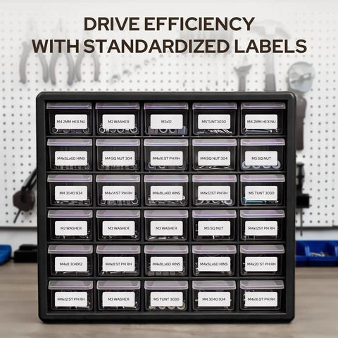 Drawer organizer labeled with Beast Mode Ready 2 Inch Print Head Portable Industrial Label Printer With Bluetooth, Mobile App And PC Editor, 2600mAh Battery, Prints 0.4 to 2 Inch Wide Labels, Includes 1 Inch By 2 Inch Job Site Label