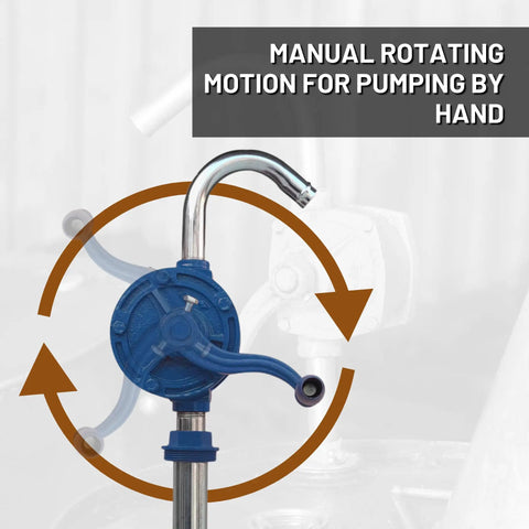 Manual hand-cranked Heavy Duty Cast Iron Rotary Drum Pump That Hauls Diesel Motor Oil And Kerosene Straight Out Of Full Size Fifty Five Gallon Barrels With Zero Electric Plug Required For Farm Or Shop Use.