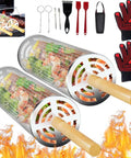 Rolling Grill Baskets Set Two Pack With 304 Stainless Steel Construction And Removable Wooden Handle for vegetables and shrimp
