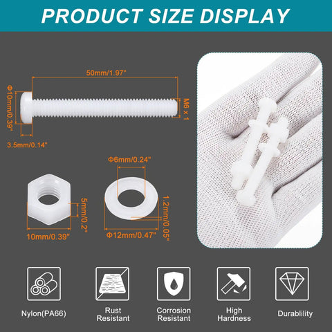 Premium Top Shelf M6x50 Millimeter Nylon Phillips Cross Head Bolt And Nut Assortment Kit With Flat Washers size display on hand