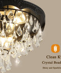 Lux Black Crystal Chandelier Light Fixture with clear faceted crystals, modern ceiling pendant for hallways, 15.75 inch wide