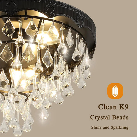Lux Black Crystal Chandelier Light Fixture with clear faceted crystals, modern ceiling pendant for hallways, 15.75 inch wide